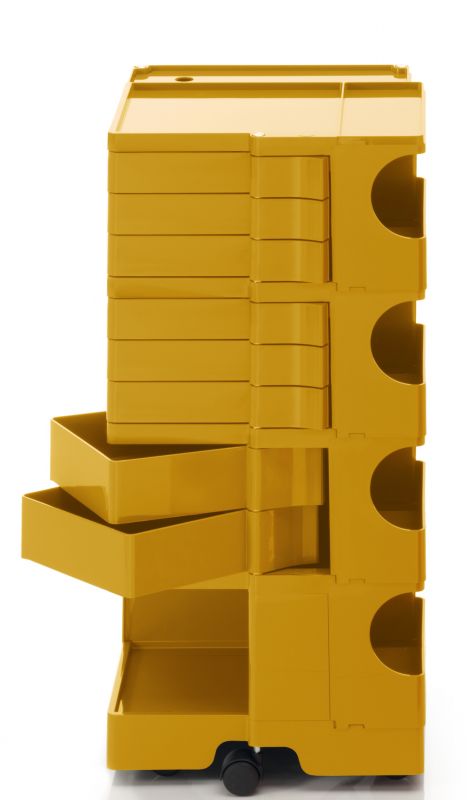 Boby Rollcontainer in Honiggelb mit Schubladen und Fächern, ideal für Büro und Zuhause.